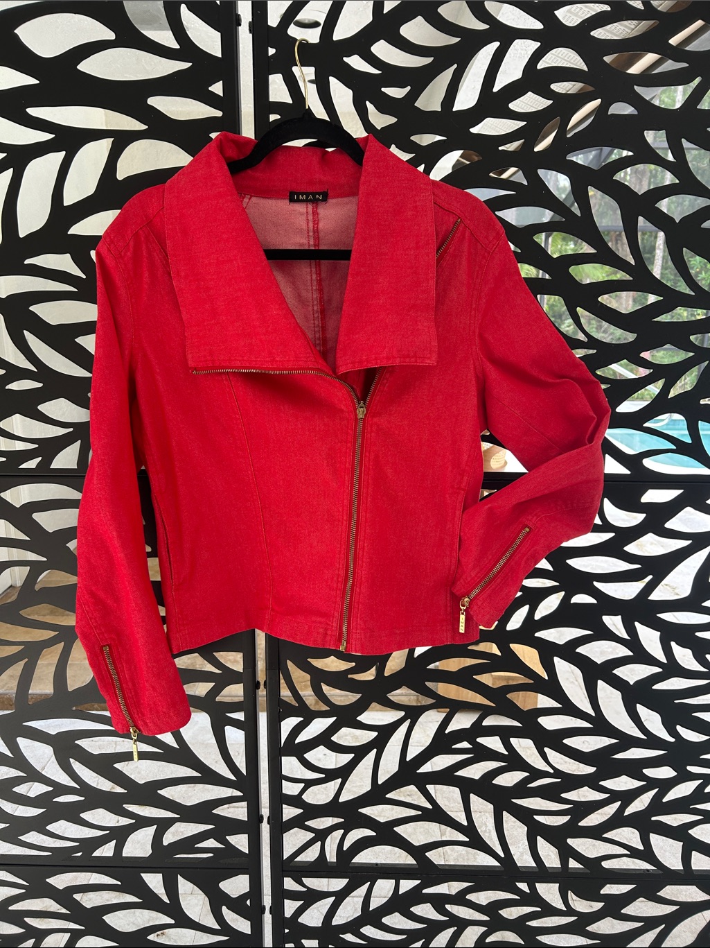 Iman Bright Red Asymmetrical Zip Jean Jacket